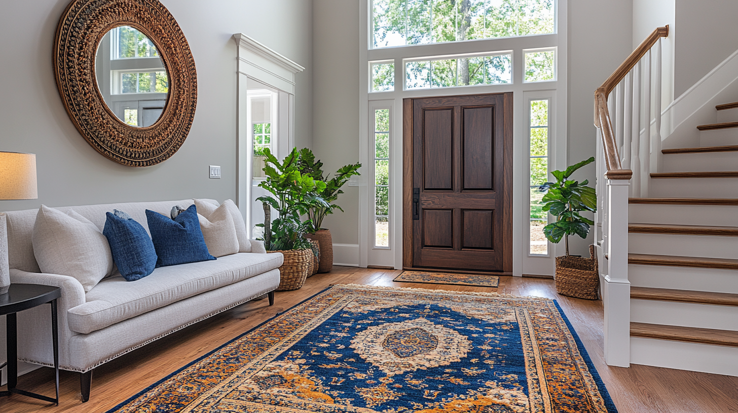 Modern entryway featuring a stylish beige sofa with blue pillows, a decorative round mirror, vibrant area rug, and lush greenery, emphasizing a clean and welcoming home environment aligned with The Carpet Monkeys' professional cleaning services.