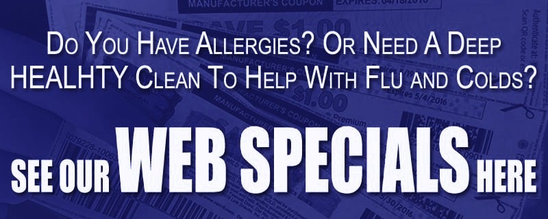 Deep clean promotion banner addressing allergies and flu prevention, featuring bold text urging viewers to see web specials.