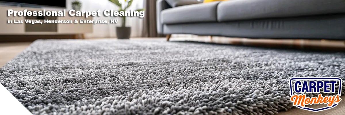 Professional carpet cleaning service showcasing a plush gray carpet in a modern living room setting, emphasizing cleanliness and comfort, with "Carpet Monkeys" logo and text highlighting service areas in Las Vegas, Henderson, and Enterprise, NV.