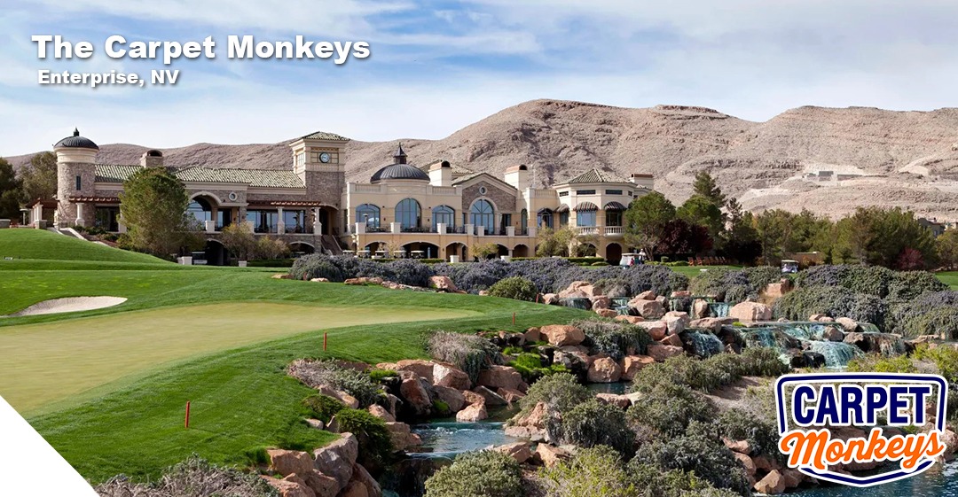 The Carpet Monkeys logo with a scenic view of a luxury building and landscaped grounds in Enterprise, NV, emphasizing professional cleaning services for homes and businesses.