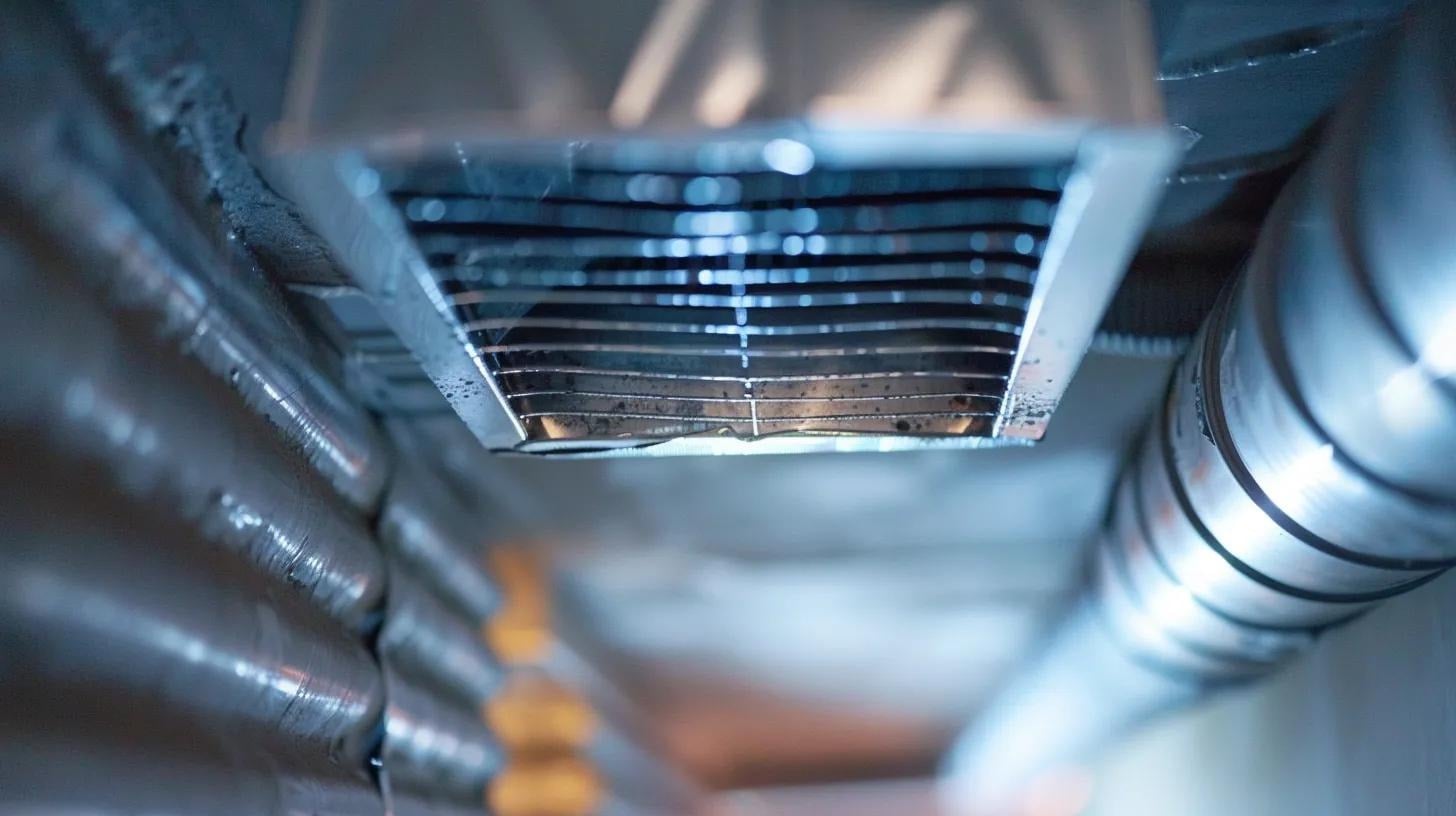 Air duct vent with moisture buildup, showcasing ductwork relevant to air quality and mold prevention in HVAC systems.