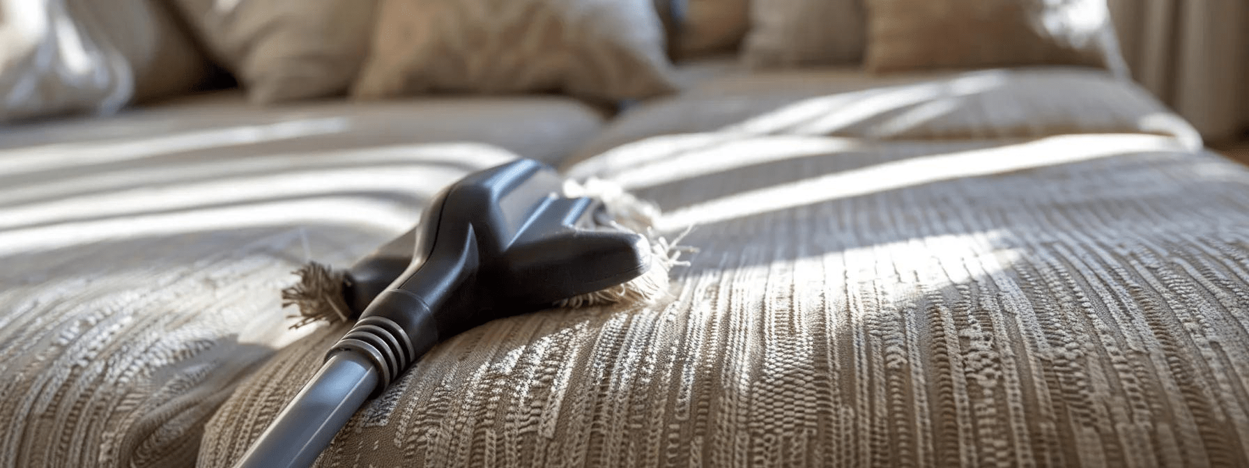 Upholstery cleaning tool on textured fabric sofa, highlighting professional cleaning services for dirt and allergen removal.