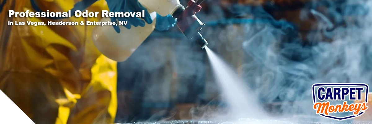Professional odor removal service in Las Vegas, featuring a technician spraying eco-friendly solution, with visible steam and Carpet Monkeys logo.