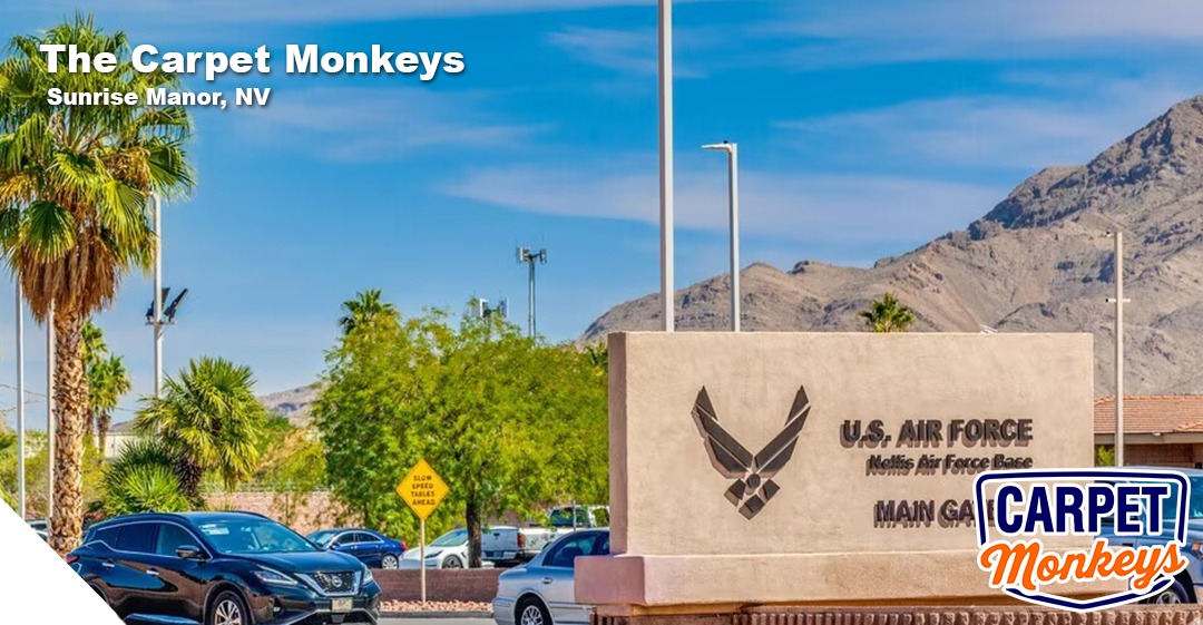 Sunrise Manor, NV, U.S. Air Force Nellis Air Force Base main gate sign with palm trees and mountains, featuring The Carpet Monkeys logo.