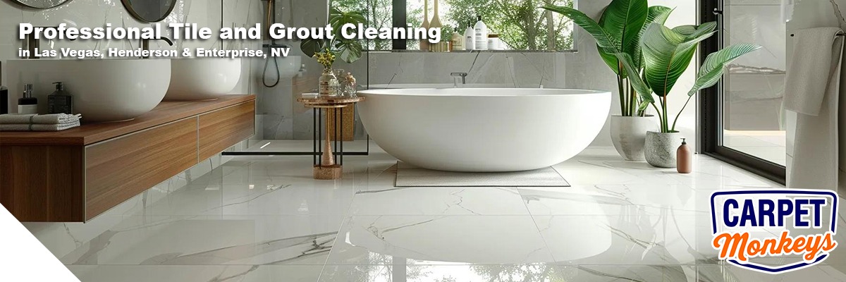 Professional tile and grout cleaning service in modern bathroom setting featuring shiny white tiles, a freestanding bathtub, and greenery, promoting The Carpet Monkeys in Las Vegas, Henderson, and Enterprise, NV.