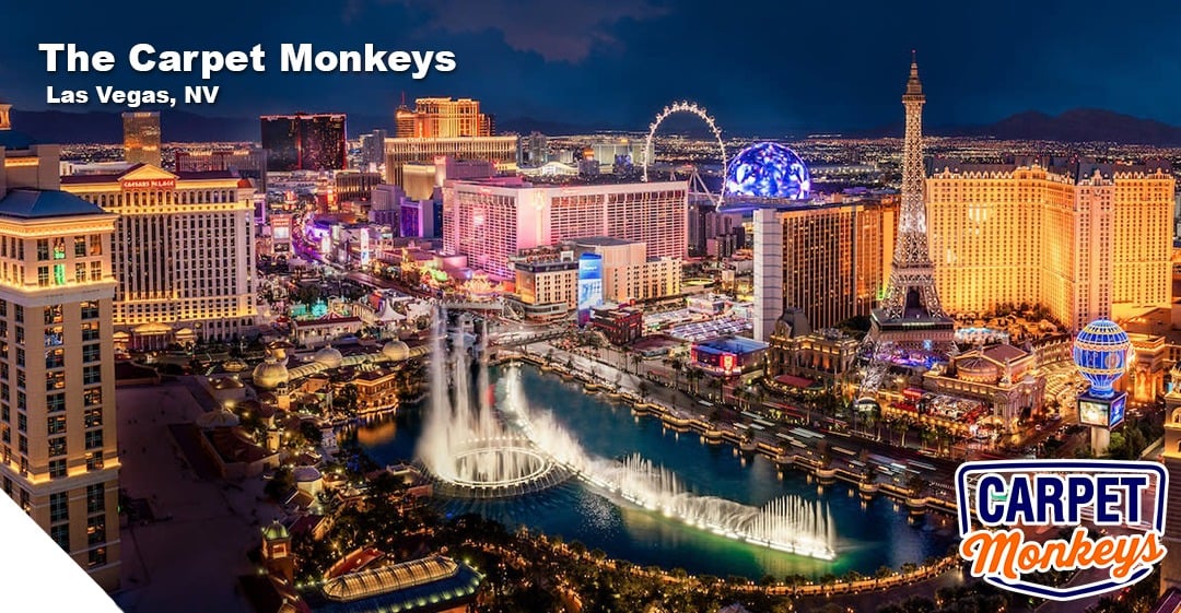 Las Vegas skyline at night featuring The Carpet Monkeys logo, showcasing vibrant city lights, iconic landmarks, and the Bellagio fountains, emphasizing quality cleaning services for local residents and businesses.