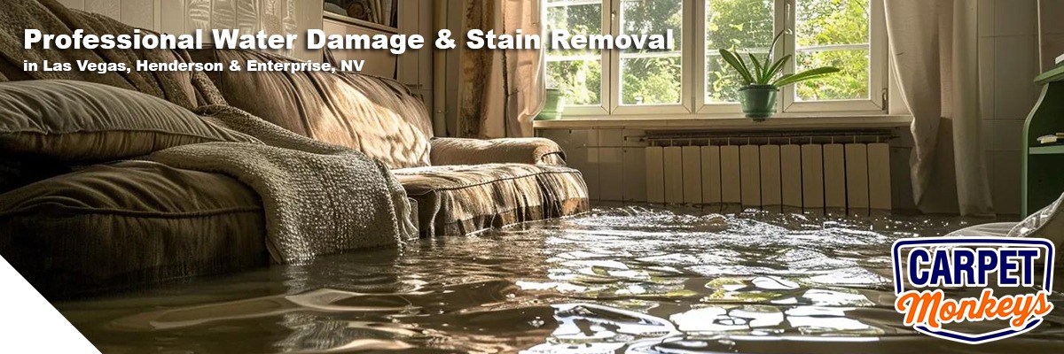 Flooded living room with water covering the floor, showcasing a sofa and sunlight streaming through windows, emphasizing professional water damage and stain removal services by The Carpet Monkeys in Las Vegas, Henderson, and Enterprise, NV.