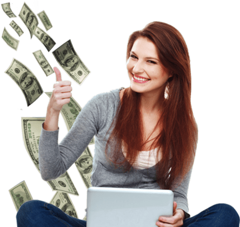 Smiling woman with laptop giving thumbs up, surrounded by floating dollar bills, representing savings and discounts for carpet cleaning services from The Carpet Monkeys.