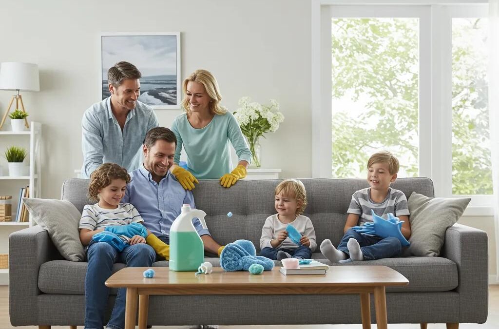 Family enjoying a clean living space while engaging in upholstery cleaning, highlighting health benefits and the importance of professional cleaning services.