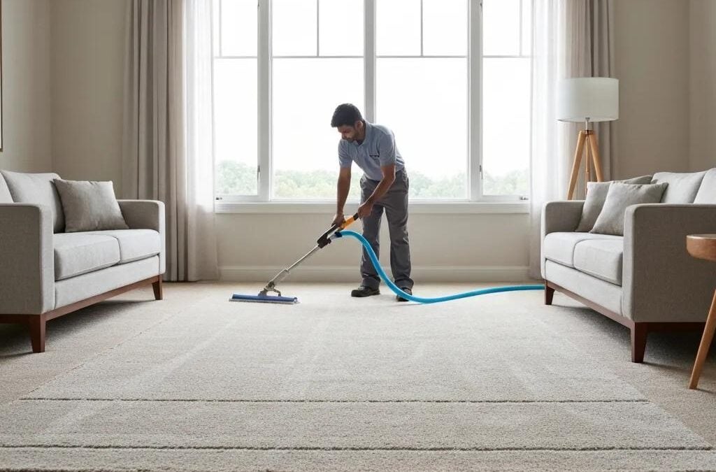 Professional carpet cleaning technician using a commercial-grade machine in a bright living room, emphasizing the importance of regular carpet maintenance.