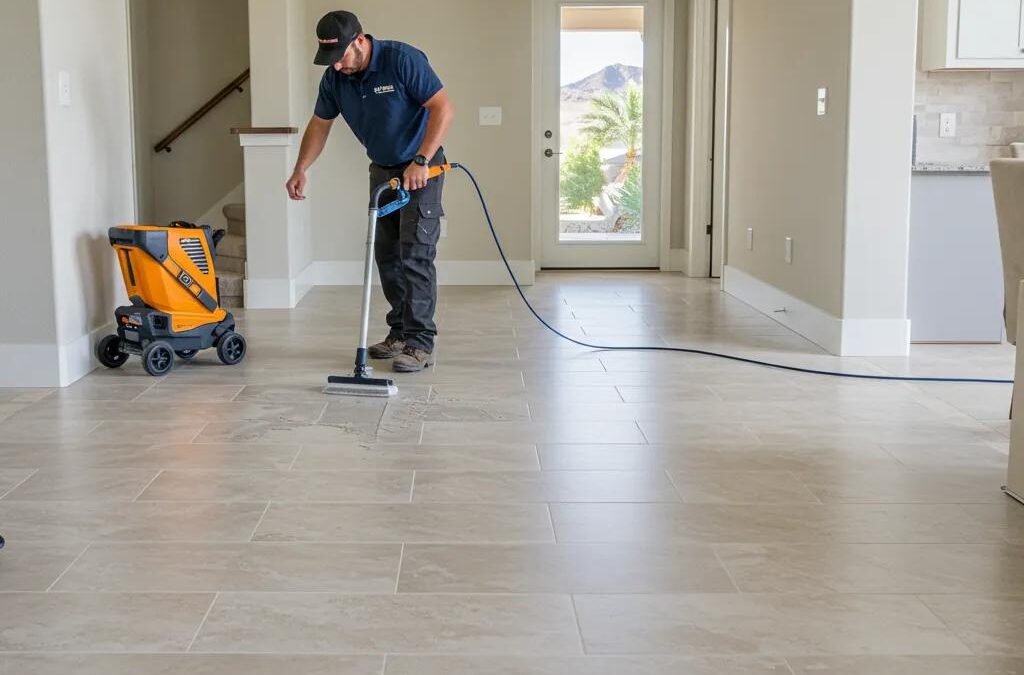 Professional technician cleaning tile floor using a steam cleaner in a modern Las Vegas home, showcasing grout restoration and maintenance.