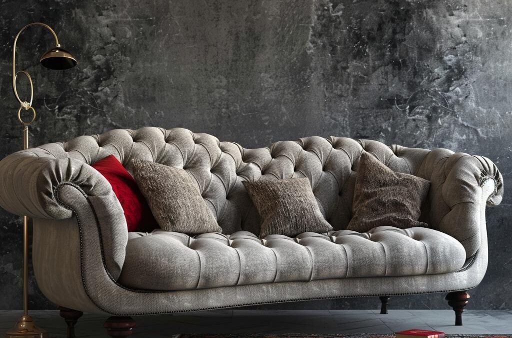 Chesterfield sofa with decorative cushions and a floor lamp, set against a textured dark wall, representing upholstery cleaning services by The Carpet Monkeys in Las Vegas.