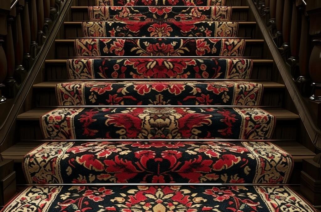 Staircase covered with ornate area rugs featuring floral patterns, illustrating the importance of professional rug cleaning services to combat dust and allergens.