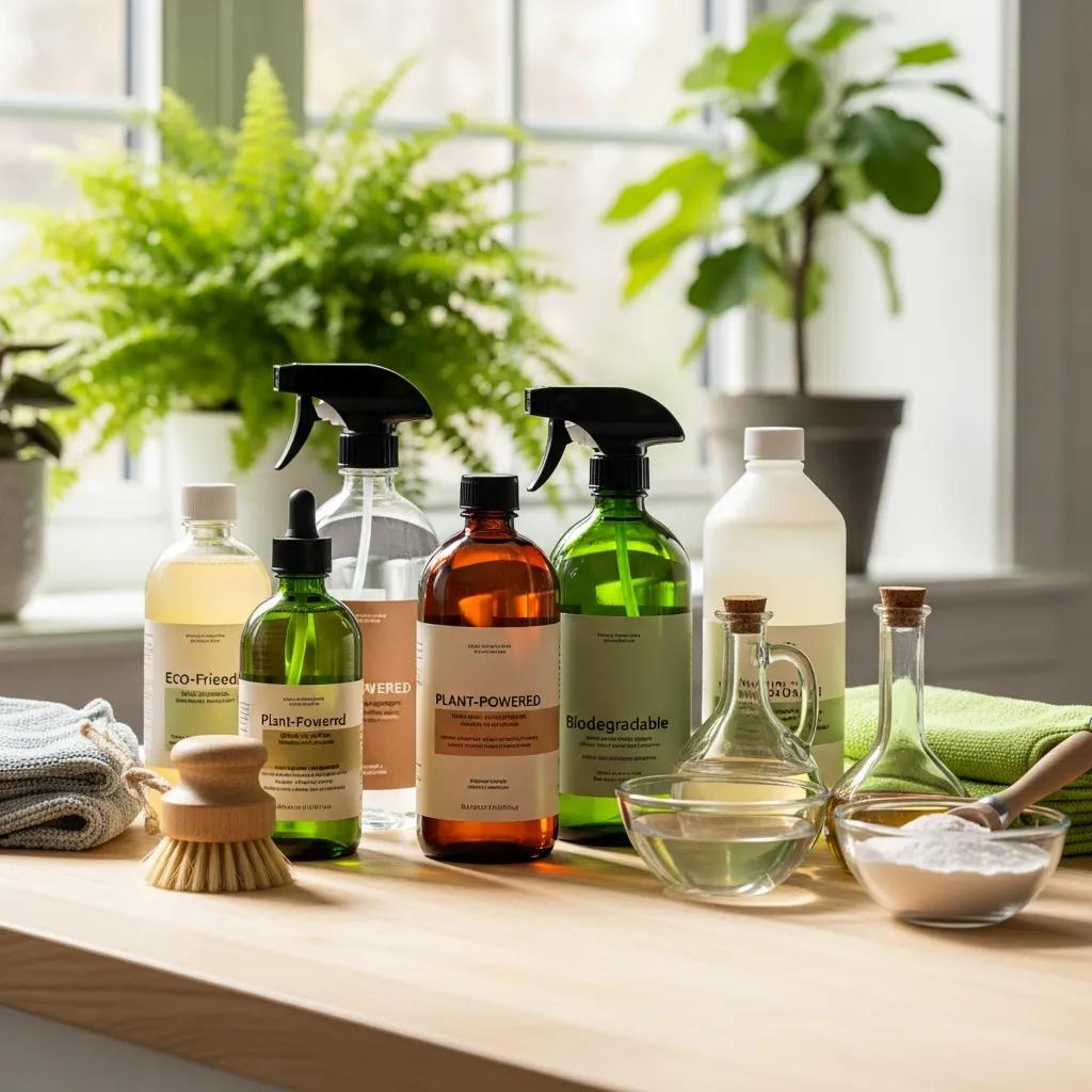 Eco-friendly carpet cleaning products displayed on a countertop with plants in the background