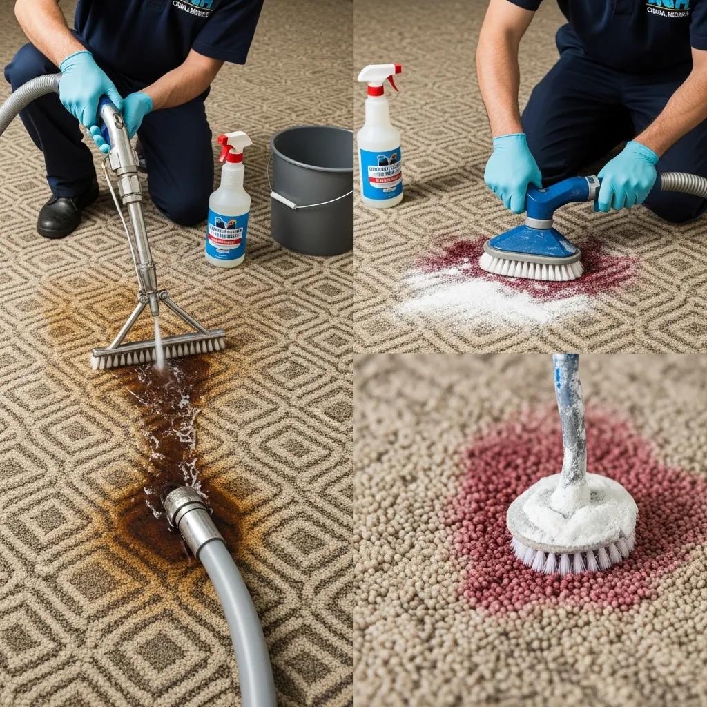 Technician demonstrating various carpet stain removal techniques on a stained carpet