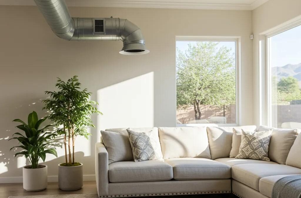Bright Las Vegas living room featuring clean air ducts, modern couch, and indoor plants, emphasizing healthy indoor air quality.