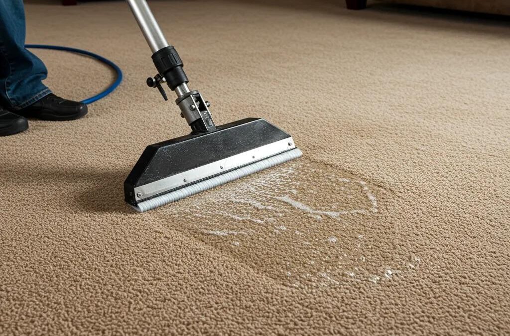 Professional carpet cleaning technician using hot water extraction method on beige carpet in a Las Vegas home, showcasing effective stain removal and maintenance techniques.